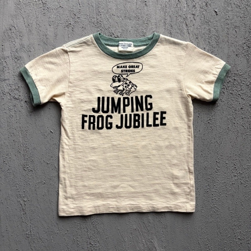 Denim Dungaree Ringer T Shirt Medium 130CM White Jumping Frog Japan Baby Tee